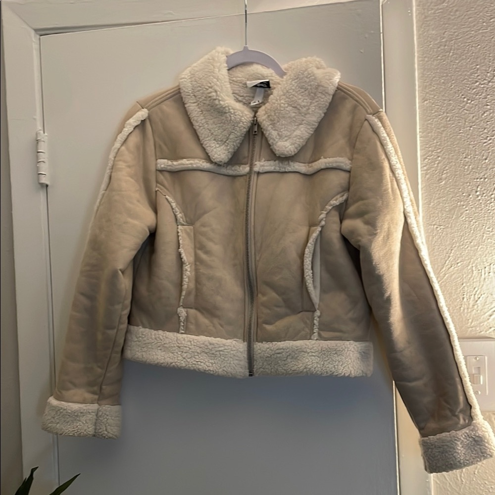 Cream Teddy Jacket with Plush Trim and Classic Collar